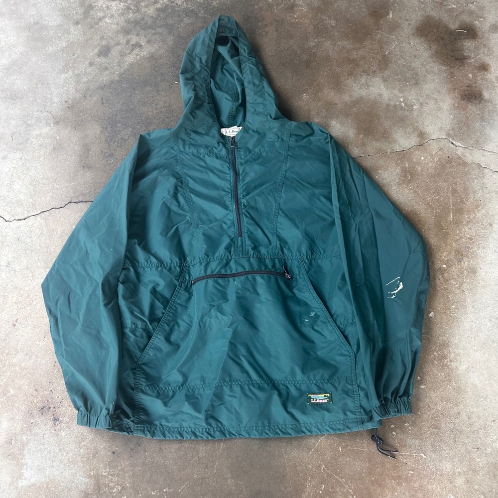 LL Bean Anorak Mens Medium Green Good Vintage Quarter Zip Hooded Windbreaker